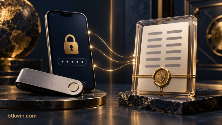 هاتف مقفل وبطاقة احتياطية مختومة توضح الفرق بين كلمة مرور المحفظة وعبارة الاستعادة، مع اسم btkwin.com