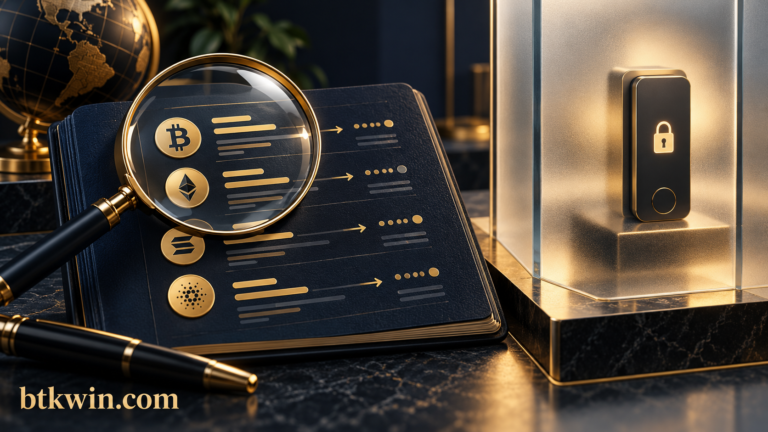 دفتر متابعة تحت عدسة مشاهدة وجهاز توقيع منفصل داخل حاجز زجاجي، مع اسم btkwin.com