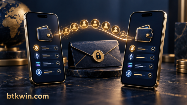 هاتفان يعرضان حسابات محفظة مع ظرف احتياطي مقفل وجسر رمزي لنقل الوصول، يحمل اسم btkwin.com