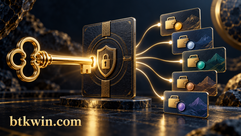 مفتاح ذهبي ونسخة احتياطية تتفرع منها بطاقات حسابات متعددة، مع اسم btkwin.com