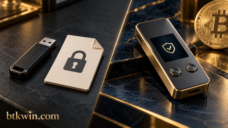 ذاكرة USB بجانب ملف مشفر مقابل جهاز توقيع بشاشة مستقلة، مع اسم btkwin.com