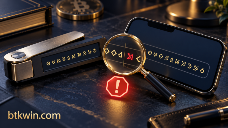 عدسة تكشف اختلافًا في وسط عنوانين رمزيين على هاتف وجهاز توقيع، مع اسم btkwin.com
