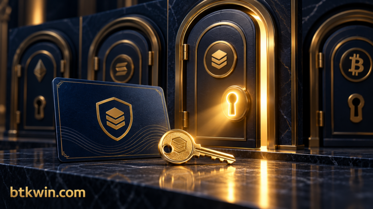 نسخة احتياطية ومفتاح إضافي يحددان باب محفظة بين أبواب مختلفة، يحمل اسم btkwin.com
