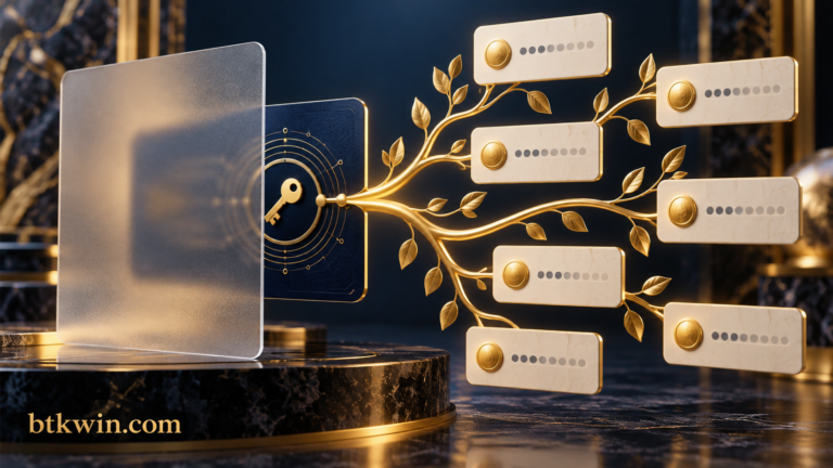 بطاقة بيانات عامة تتفرع منها بطاقات عناوين خلف حاجز خصوصية رمزي، مع اسم btkwin.com