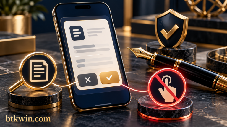 هاتف يعرض طلب توقيع رمزي وقلم وعدسة مراجعة مع علامة توقف، يحمل اسم btkwin.com