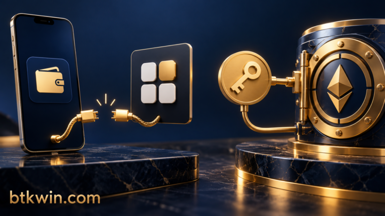 كابل تطبيق مفصول مع بقاء مفتاح صلاحية متصل بخزنة رموز، وشعار btkwin.com
