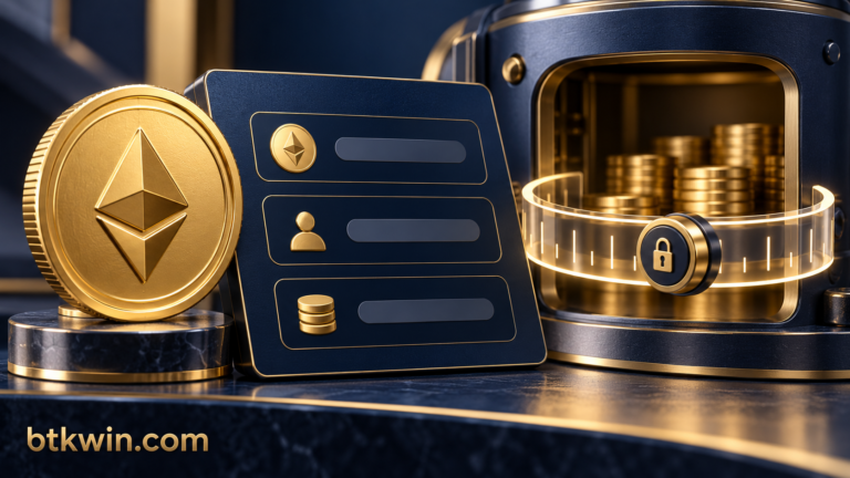 بطاقة تفاصيل إذن إنفاق الرموز مع حلقة حد وخزنة كحلية وذهبية تحمل btkwin.com