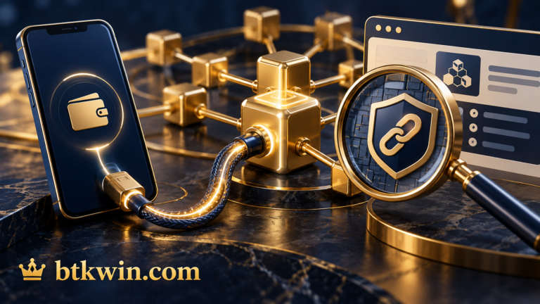 محفظة هاتف متصلة بعقد RPC تحت عدسة تحقق مع اسم btkwin.com بالذهبي