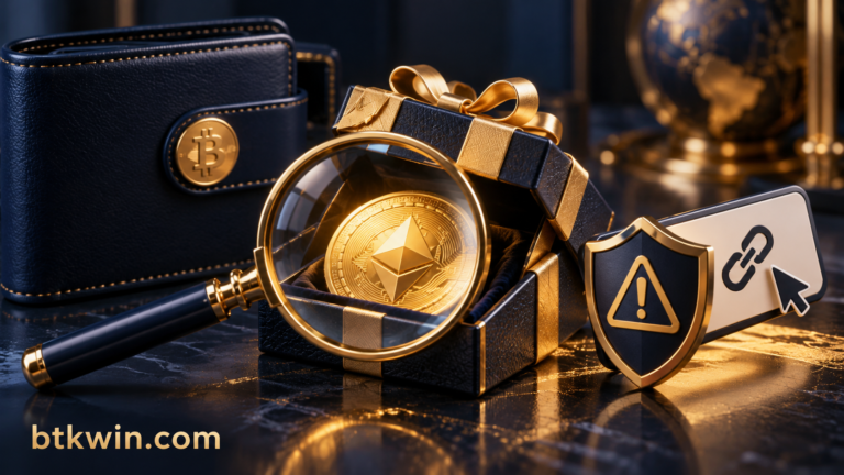 رمز هدية مجهول بجوار محفظة تحت عدسة فحص ودرع تحذير مع اسم btkwin.com