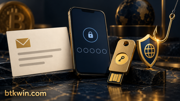 ثلاث وسائل تحقق للحساب: رسالة وهاتف مصادقة ومفتاح أمان مع اسم btkwin.com