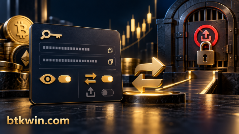 مفتاح API مع أذونات قراءة وتداول منفصلة وبوابة سحب مقيدة مع اسم btkwin.com