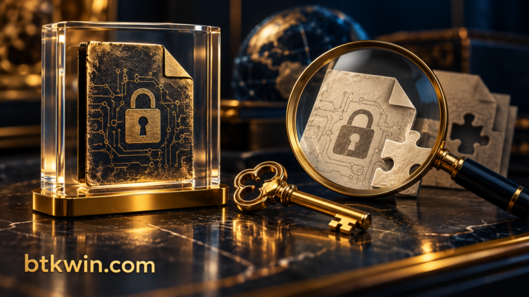 ملف محفظة مشفر ومفتاح فك تشفير ونسخة أصلية محفوظة تحت عدسة فحص مع btkwin.com