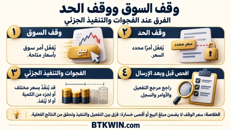 إنفوجرافيك: وقف السوق ووقف الحد: الفرق عند الفجوات والتنفيذ الجزئي