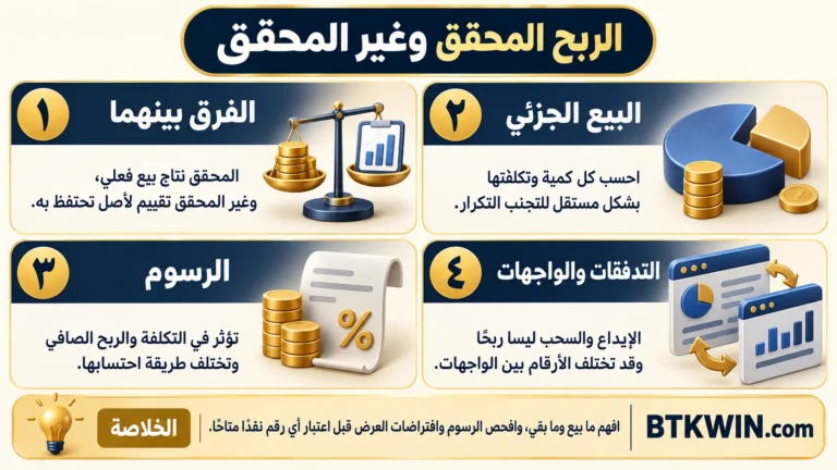 إنفوجرافيك: الربح المحقق وغير المحقق: الحساب والبيع الجزئي والرسوم