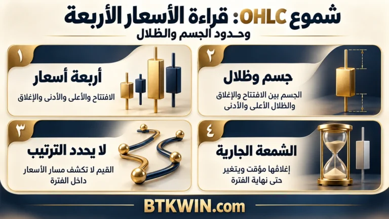 إنفوجرافيك: شموع OHLC: قراءة الأسعار الأربعة وحدود الجسم والظلال