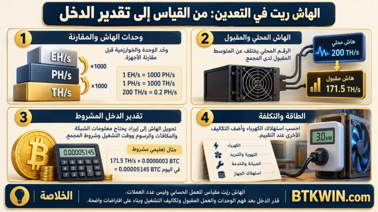 إنفوجرافيك: الهاش ريت في التعدين: الوحدات والعمل المقبول وتقدير الدخل
