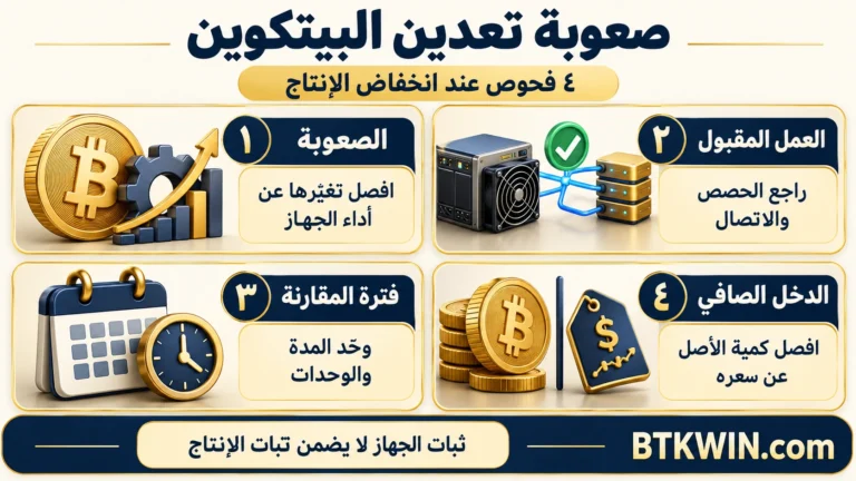 صعوبة تعدين البيتكوين: الصعوبة، العمل المقبول، فترة المقارنة، الدخل الصافي