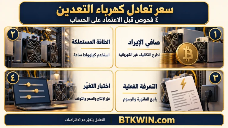 سعر تعادل كهرباء التعدين: صافي الإيراد، الطاقة المستهلكة، التعرفة الفعلية، اختبار التغيّر