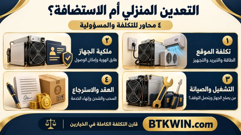 التعدين المنزلي أم الاستضافة؟: تكلفة الموقع، ملكية الجهاز، التشغيل والصيانة، العقد والاسترجاع