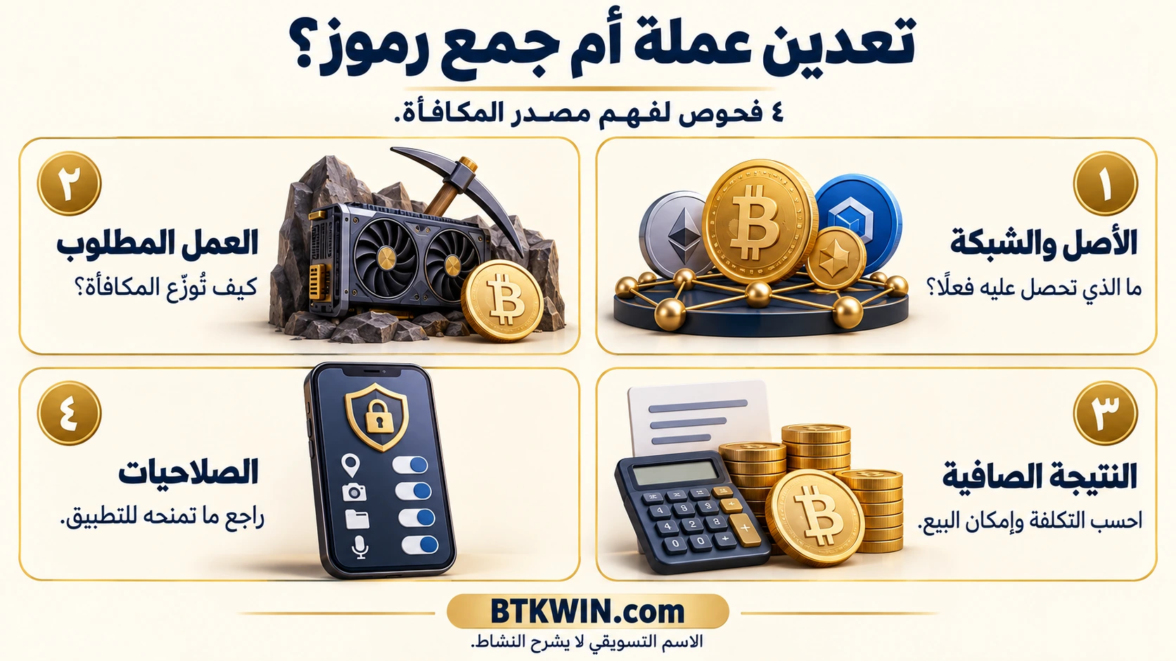 تعدين عملة أم جمع رموز؟: الأصل والشبكة، العمل المطلوب، النتيجة الصافية، الصلاحيات