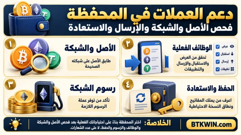 إنفوجرافيك: دعم العملات في المحفظة: فحص الأصل والشبكة والإرسال والاستعادة