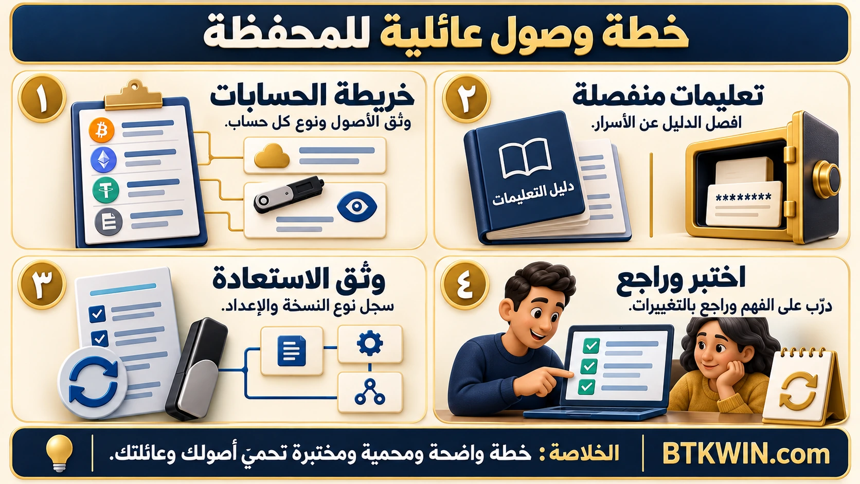 إنفوجرافيك: خطة وصول عائلية للمحفظة: توثيق الحسابات والنسخ واختبار الاستعادة