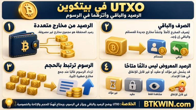 إنفوجرافيك: UTXO في بيتكوين: فهم الرصيد والباقي وأثرهما في الرسوم