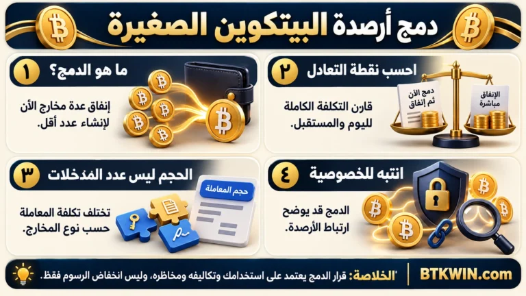 إنفوجرافيك: دمج أرصدة البيتكوين الصغيرة: حساب الرسوم ونقطة التعادل