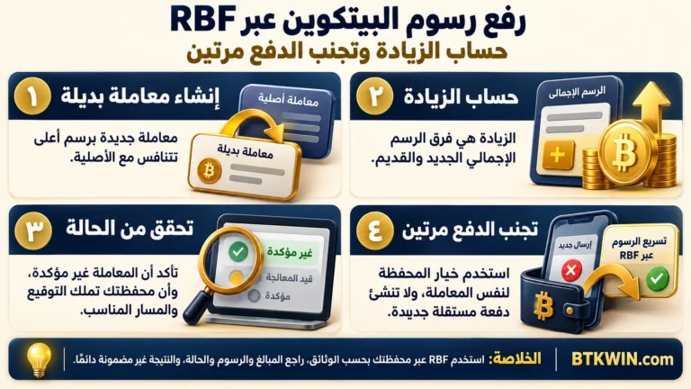 إنفوجرافيك: رفع رسوم البيتكوين عبر RBF: حساب الزيادة وتجنب الدفع مرتين