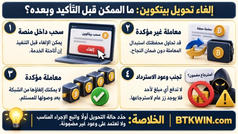 إنفوجرافيك: إلغاء تحويل بيتكوين: ما الممكن قبل التأكيد وبعده؟
