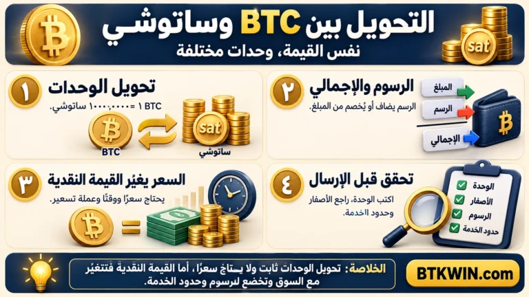 إنفوجرافيك: التحويل بين BTC وساتوشي: أمثلة للرصيد والرسوم وصافي المبلغ