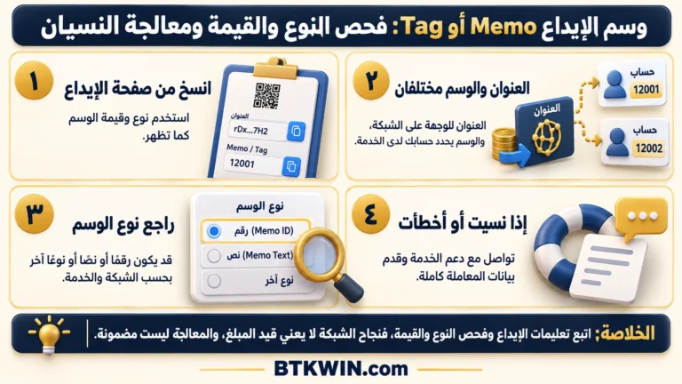 إنفوجرافيك: وسم الإيداع Memo أو Tag: فحص النوع والقيمة ومعالجة النسيان