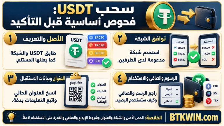 إنفوجرافيك: سحب USDT: 6 فحوص للشبكة والعنوان والرسوم وصافي الاستلام