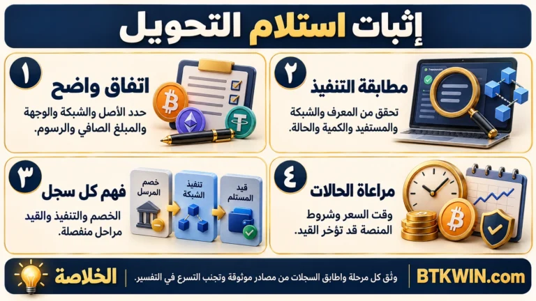 إنفوجرافيك: إثبات استلام التحويل: مطابقة الاتفاق والصافي والتنفيذ والقيد