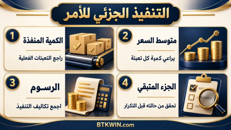 إنفوجرافيك: التنفيذ الجزئي للأمر: حساب الكمية والمتوسط والرسوم والباقي